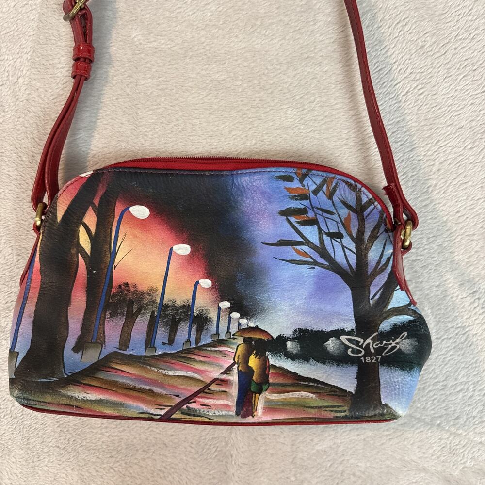 Sharif Hand Painted Leather Handbag Purse Japan Scene Boho Cottage Coastal Art